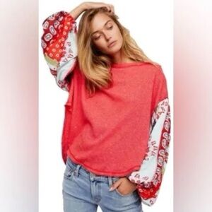 We The Free Red Pullover Blouse with Printed Balloon Sleeves